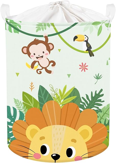 Clastyle 45L Large Green Jungle Lion Kid Laundry Hamper with Handle Collapsible Monkey Bird Clothes Toy Storage Basket with Lid for Nursery