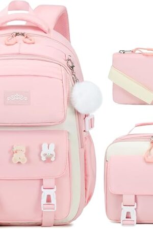 3PCS Girls Backpack for School, Kids Backpack for Girls with Lunch Box Pencil Case Set for Teen Girl Elementary Primary Middle High College School Bookbag with Cute Pins (Pink)