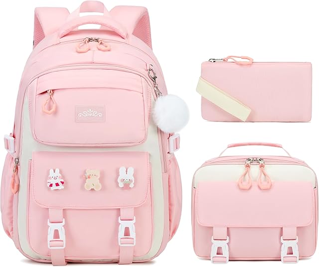 3PCS Girls Backpack for School, Kids Backpack for Girls with Lunch Box Pencil Case Set for Teen Girl Elementary Primary Middle High College School Bookbag with Cute Pins (Pink)