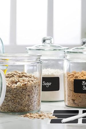 3pc Canister Sets for Kitchen Counter + Labels & Marker - Glass Cookie Jars with Airtight Lids - Food Storage Containers with Lids Airtight for Pantry - Flour, Sugar, Coffee, Cookies, etc.