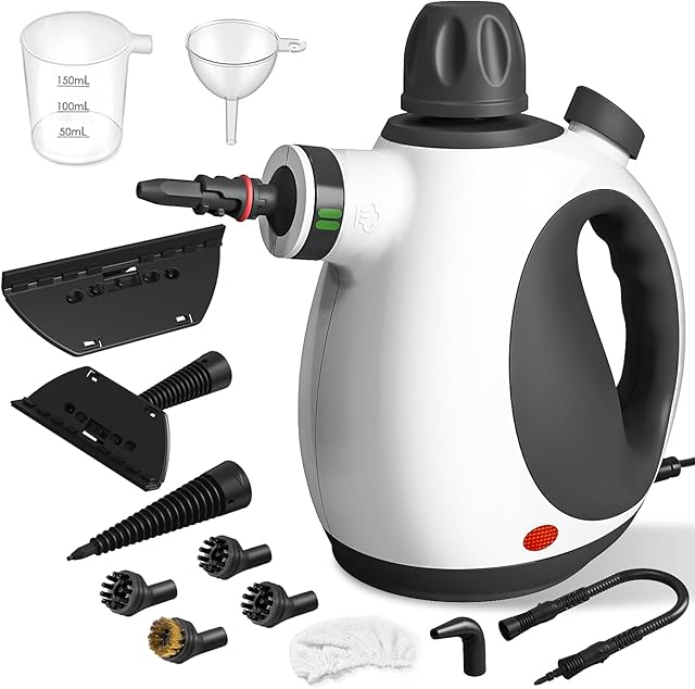 Handheld Steam Cleaner, Pressurized Multi-Purpose Natural Steamer with 12 pcs Accessories, Steamer for Cleaning Car, Bathroom Counter Top, Shower, Upholstery, Couch, Tile Grout, Window, Grease