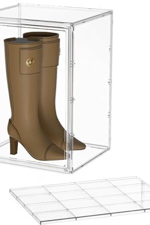 Attelite XXX-Large Clear Display Case Stackable Plastic Storage Bins with Lid, 2 Tiers Boot Shoe Box Organizers with an Adjustable Divider, Big Acrylic Display Storage Box with Magnetic Door