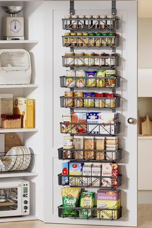 Delamu Adjustable Over the Door Pantry Organizer, 9-Tier Metal Pantry Organization and Storage for Kitchen, Hanging Spice Rack Seasoning Shelves, Cabinet Door Organizer for Easy Install, 16" Black