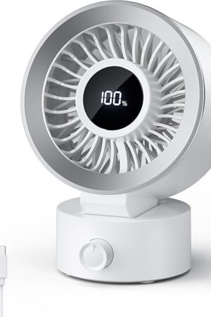 CIVPOWER Desk Fan Small Quiet: Table Fan Rechargeable with 1200mAh Battery & USB Powered, Portable for Office Bedroom Home Desktop, Digital Display, 30° Tilt Adjustable, 100 Speeds, White
