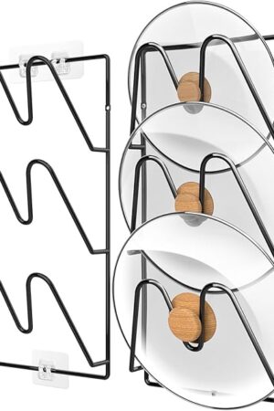 2-Pack Pot Lid Organizer, 6-Tier Pots & Pans Lid Holder Organizer for Cabinet or Wall/Door Kitchen Storage, No-Drill Adhesive Mount, Space-Saving Solution (Black)