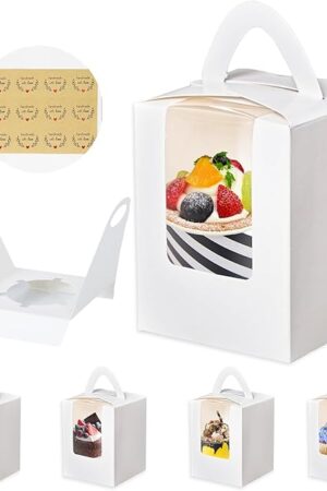 Zzrywuty 60 Packs Portable Cupcake Boxes Individual with Handle, 3.5x3.5x4.5 Single Favor Pastry Treat Boxes with Window for Cookie, Chocolate Strawberries, Dessert, Donuts, Cupcakes, Muffins