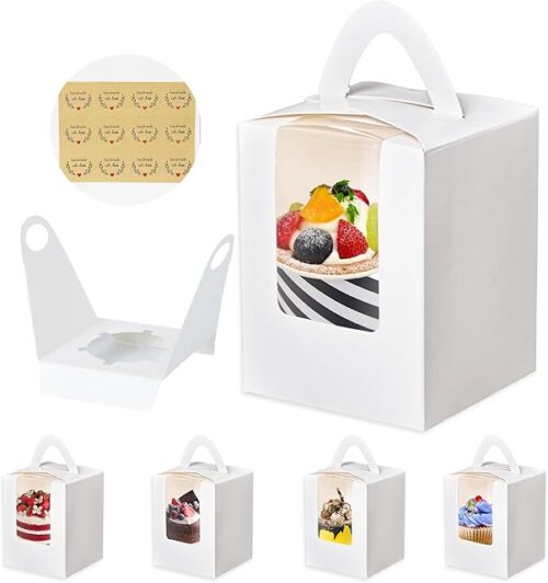 Zzrywuty 60 Packs Portable Cupcake Boxes Individual with Handle, 3.5x3.5x4.5 Single Favor Pastry Treat Boxes with Window for Cookie, Chocolate Strawberries, Dessert, Donuts, Cupcakes, Muffins