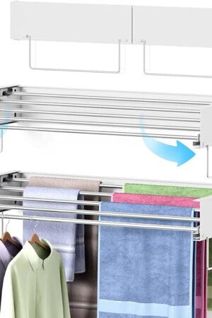 Wall Mounted Drying Rack, Laundry Clothes Drying Rack Foldable, Collapsible Hanger Clothing Wall Mount with 2 Towel Handles and Wall Template for Indoor Outdoor Hanging Clothes, 5 Rods, 31.5 Inch