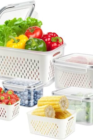 4 Pack Fridge Food Storage Container with Lids, Plastic Fresh Produce Saver Keeper for Vegetable Fruit Berry Salad Lettuce, BPA Free Kitchen Refrigerator Organizers Bins (4.15L+3.15L+1.7L+0.8L)
