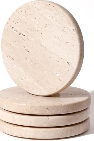 Beige Travertine Coasters Set of 4,Marble Absorbent Coasters 4 '',Ideal for Housewarming Gifts, Anniversaries, Office Decorations - Protects countertops - Sturdy and Durable, Beautiful and Generous