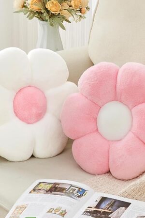 2 Pcs Flower Throw Pillow,15.7'' Daisy Shaped Pillows Set with Faux Rabbit Fur,Soft Flower Plush Throw Pillow Cushions for Bed Sofa Couch Home Decor (White+Pink)