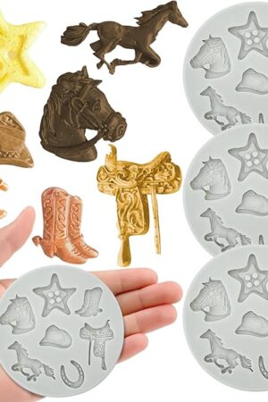 4Pcs Western Cowboy Theme Silicone Fondant Molds Candy Chocolate Molds Biscuit Cookies Baking Mold DIY Cupcake Topper Sugarcraft Gum Paste Clay Ice Cube Pudding for Cake Decoration