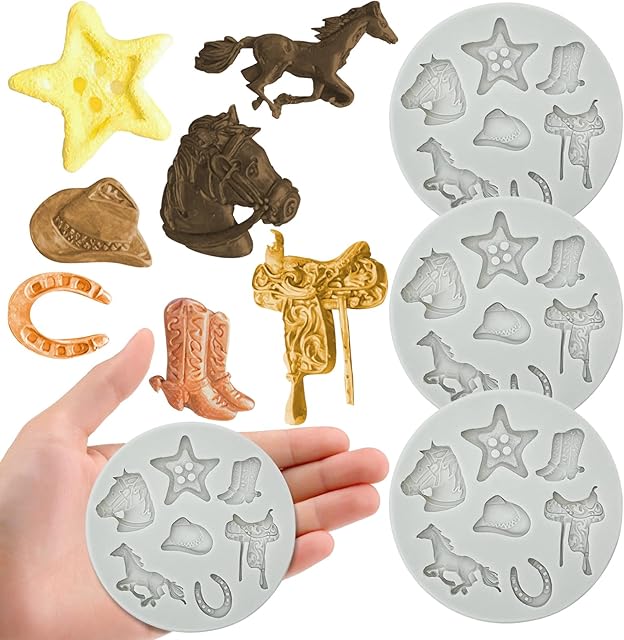 4Pcs Western Cowboy Theme Silicone Fondant Molds Candy Chocolate Molds Biscuit Cookies Baking Mold DIY Cupcake Topper Sugarcraft Gum Paste Clay Ice Cube Pudding for Cake Decoration