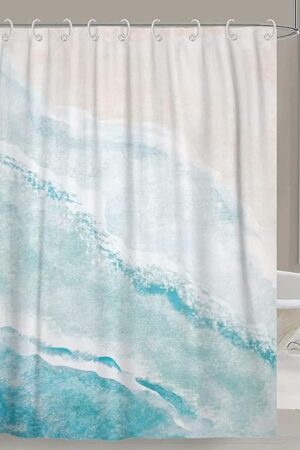 Beach Shower Curtain, Teal Blue Coastal Ocean Beach Theme Bathroom Curtain Waterproof Fabric Machine Washable with Hooks,72" Wx72 L
