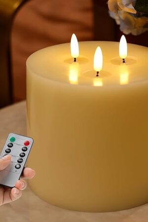 3 Wick Extra Large Flameless Candles, 6"x6" Flat Battery Operated Candles with Remote, Real Wax Led Candles with 3D Flickering, Fake Candle Flame for Home Decor (Ivory)