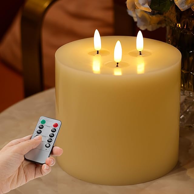 3 Wick Extra Large Flameless Candles, 6"x6" Flat Battery Operated Candles with Remote, Real Wax Led Candles with 3D Flickering, Fake Candle Flame for Home Decor (Ivory)