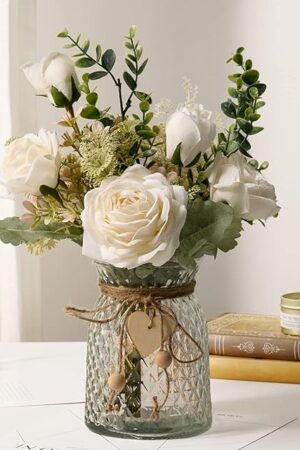 YJ Fake Flowers with Vase, Silk Roses Artificial Flowers in Vase, Faux Flower Plant Arrangement Suitable for Home Office Decoration, Dining Table Centerpiece(White)