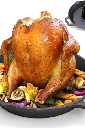 Cast Iron Chicken Roaster, Beer Can Chicken Holder Turkey Fryer with Roasting Pan, Poultry Roaster Stand Barbecue Grilling Accessories Rack for Most Grills and Oven