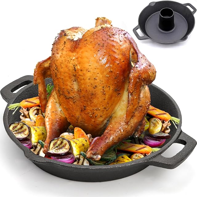 Cast Iron Chicken Roaster, Beer Can Chicken Holder Turkey Fryer with Roasting Pan, Poultry Roaster Stand Barbecue Grilling Accessories Rack for Most Grills and Oven