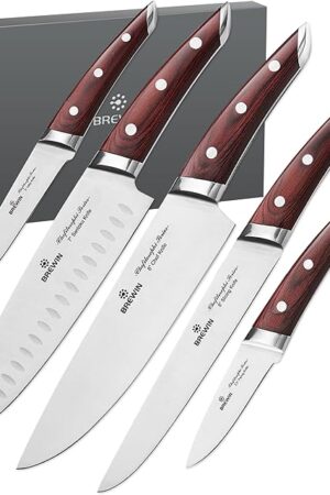 Brewin CHEFILOSOPHI Japanese Chef Knife Set 5 PCS with Elegant Red Pakkawood Handle Ergonomic Design,Professional Ultra Sharp Kitchen Knives for Cooking High Carbon Stainless Steel