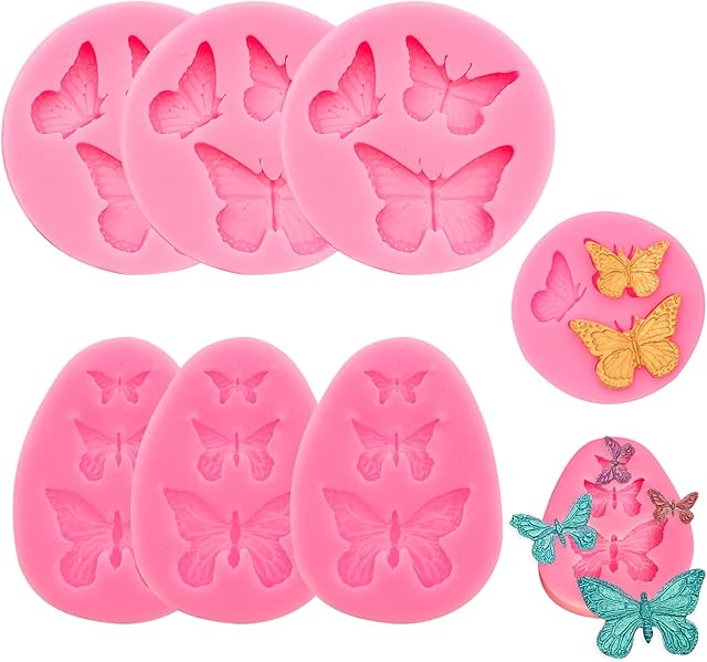 6PCS Mini Butterfly Silicone Molds, Butterfly Fondant Cake Baking Mold, Cupcake Decoration Tool Chocolate Trays for Homemade Cake DIY Polymer Clay (Style 1)