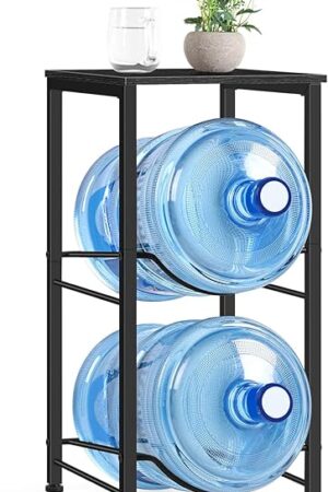Water Jug Holder 5 Gallon Water Bottle Holder With Top Shelve 2 Tier Water Cooler Storage Rack Heavy Duty Water Dispenser Stand for Kitchen Living Room Office Black
