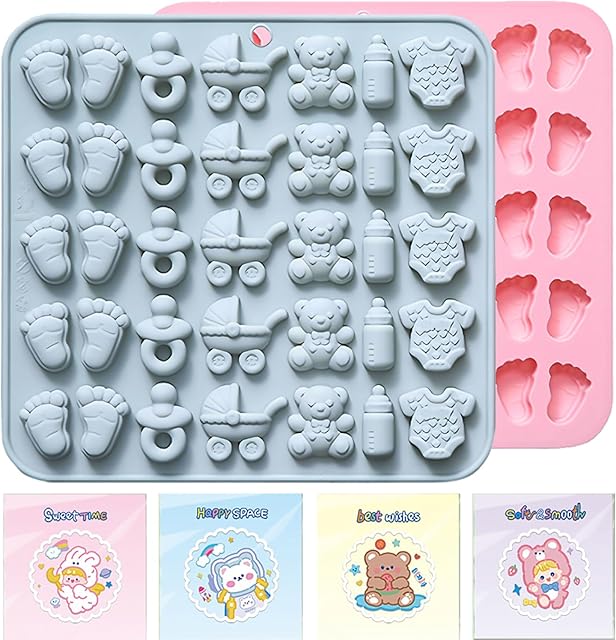 Baby Shower Chocolate Molds with Candy Bags, 2 PCS Baby Feet Bottle Clothes Carriage Bear Silicone Molds for Chocolate Candy Gummy Baby themed Party Cake Decoration