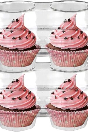 Bekith 60 Count 2-Compartment Plastic Cupcake Containers Disposable with Connected Airtight Lid, Clear Stackable Deep Dome Cupcake Carrier Holder Box for Cupcakes, Muffins, BPA Free