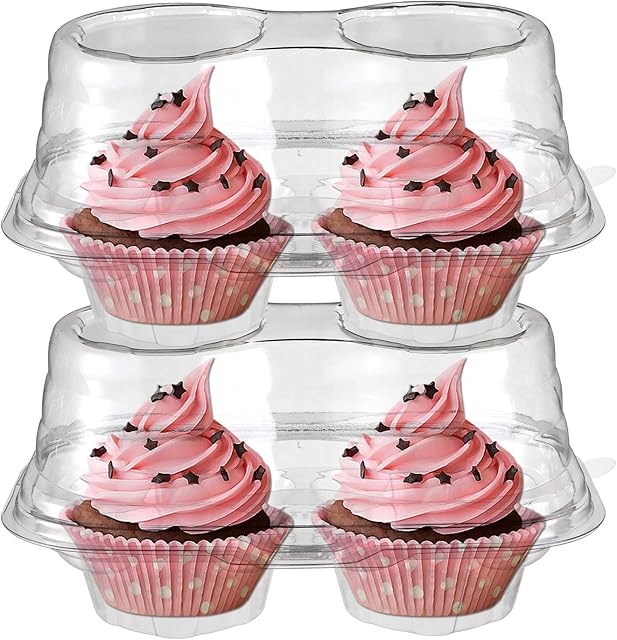 Bekith 60 Count 2-Compartment Plastic Cupcake Containers Disposable with Connected Airtight Lid, Clear Stackable Deep Dome Cupcake Carrier Holder Box for Cupcakes, Muffins, BPA Free