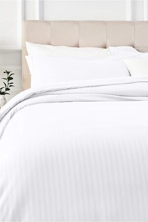 Amazon Basics Microfiber Duvet Cover Set - 3 pieces, King, Bright White Striped