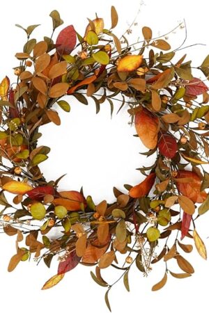 YNYLCHMX 18" Fall Wreaths for Front Door, Artificial Autumn Wreath Fall Door Wreath with Eucalyptus Leaves Berries Magnolia Leaves for Home Porch Window Wall Farmhouse Decor Indoor Outdoor Holiday