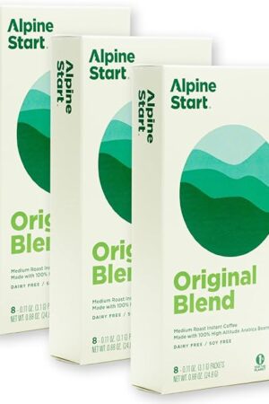 Alpine Start Instant Coffee Original Blend Medium Roast - Individual Powder Mix From High Altitude Arabica Coffee Beans - Hot or Cold Brew for Home, Travel, Hiking, Backpacking(0.11 OZ)Total 24 Sticks