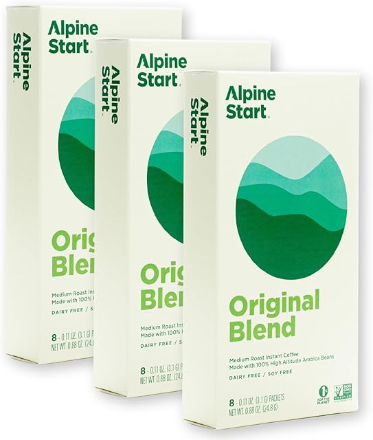 Alpine Start Instant Coffee Original Blend Medium Roast - Individual Powder Mix From High Altitude Arabica Coffee Beans - Hot or Cold Brew for Home, Travel, Hiking, Backpacking(0.11 OZ)Total 24 Sticks