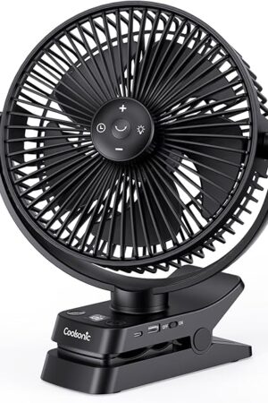 12000mAh 8-Inch,Rechargeable Fan for Bedroom,USB Fans 30Hrs Running 5 Speeds With Lights,Sturdy Clip fan for Desk Golf Car Stroller Treadmill,3 Timer Settings,Black