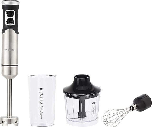 Amazon Basics Multi-Speed Immersion Hand Blender for Kitchen Mixing, Smoothies, Soups, 500 Watt Powerful, with Blending Stick, Whisk, Chopper and Beaker, Silver