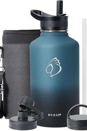 BUZIO 64 oz Water Bottle Insulated with Straw & 3 lid and Carrying Pouch, Leak Proof Half Gallon Stainless Steel Water Flask Jug, Cold for 48 Hrs Double Vacuum Thermo Canteen, BPA-Free, Indigo Crush