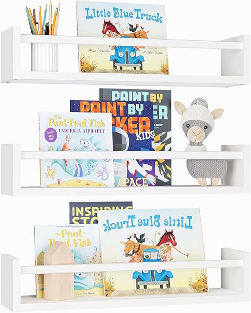 Fixwal Wood Nursery Bookshelves, 16.5 Inch Floating Bookshelves for Wall Set of 3, Baby Kids Decor, Solid Wood Wall Mounted Shelves for Books, Toys and Decor Storage (White)