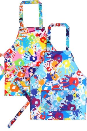 The Prasacco 2 Pcs Kid Aprons Rainbow Handprints Kids Painting Apron Adjustable Kid Art Smock Waterproof Art Apron with Pockets for Boys and Girls Toddler Kids Aprons for Painting Cooking Baking