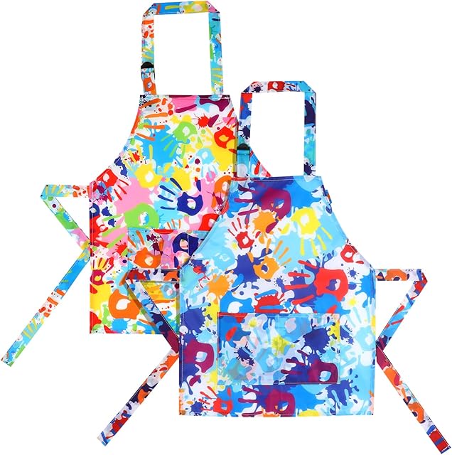 The Prasacco 2 Pcs Kid Aprons Rainbow Handprints Kids Painting Apron Adjustable Kid Art Smock Waterproof Art Apron with Pockets for Boys and Girls Toddler Kids Aprons for Painting Cooking Baking