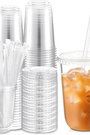 50 Sets Clear Plastic Cups with Lids and Straws, Disposable Iced Coffee Cups Drinking PET for Cold Drinks, Juice, Smoothie, Coffee Shops, Party, Christmas(Clear,16 oz)