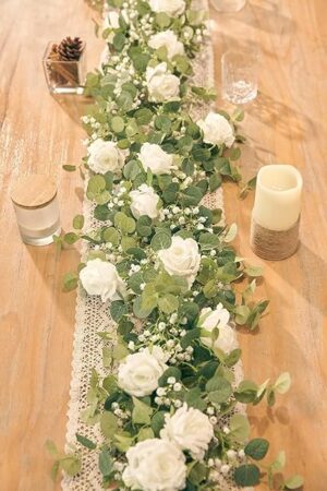 Anna's Whimsy 5.91FT Artificial Eucalyptus Garland with Flowers, Fake Flower Rose Gypsophila, Faux Floral Greenery Garland for Wedding Spring Home Party Craft Art Table Runner Decor