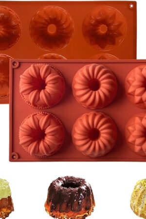 2PCS Mini Bundt Cake Silicone Pans, 6-Cavity Fluted Tube Cake Mold, Nonstick Baking Mold for Cupcake, Donut, Jelly, Brownie