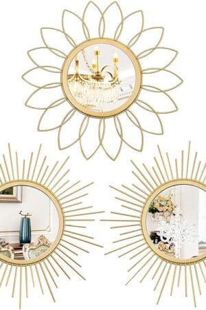 3 Pack Metal Mirrors for Wall Sunburst Wall Mirrors Home Décor Decorative Hanging Wall Art for Living Room Bedroom Entryway (Gold, Flower+Sunburst)
