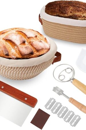 Banneton Bread Proofing Basket Set 9 Inch Round and 10 Inch Oval Sourdough Proofing Baske Bread Baking Supplies with Danish Whish Bowl Scraper Dough Scraper for Bread Making Baking Fermentation