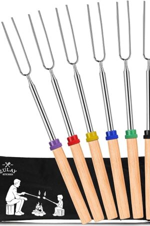 Zulay Kitchen 6 Pack Smores Sticks for Fire Pit - Long Marshmallow Roasting Sticks Smores Kit - Perfect Smore Skewers & Hot Dog Forks For Campfires, Camping Essentials S'mores Gear (Extendable Sticks)