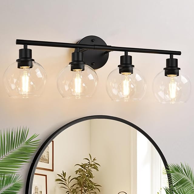 2025 Upgrade 4-Light Bathroom Light Fixtures Black Clear Glass Globe Shade