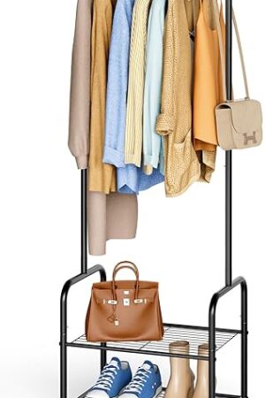 AOODA Small Clothes Rack with Shelves, Metal Sturdy Rolling Clothing Racks for Hanging Clothes, Portable Garment Rack with Wheels for Shirts, Coats, Shoes, Bags (Black)