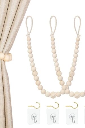 Wood Bead Curtain Tiebacks, KLOGTSIND Set of 2 Curtain Holdbacks for Thin or Thick Window Draperies, Boho Farmhouse Curtain Tiebacks with Hooks, Curtain Tie Backs for Home Office Room Decor