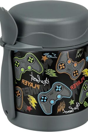 10oz Soup Thermo for Hot Food Kids,Lunch Thermo Kids Food Jar with Spoon Hot Insulated Food Containers,Leak Proof Stainless Steel Wide Mouth Lunch Food Thermo Jar for School(Black-Game Console)