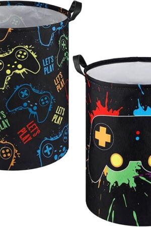 Zhehao 2 Pcs Gamer Laundry Basket Boys Hamper Kids Gaming Storage Basket Hamper Clothes Organizer Toy Storage for Bedroom Bathroom Gamer Room Decor(Stylish)